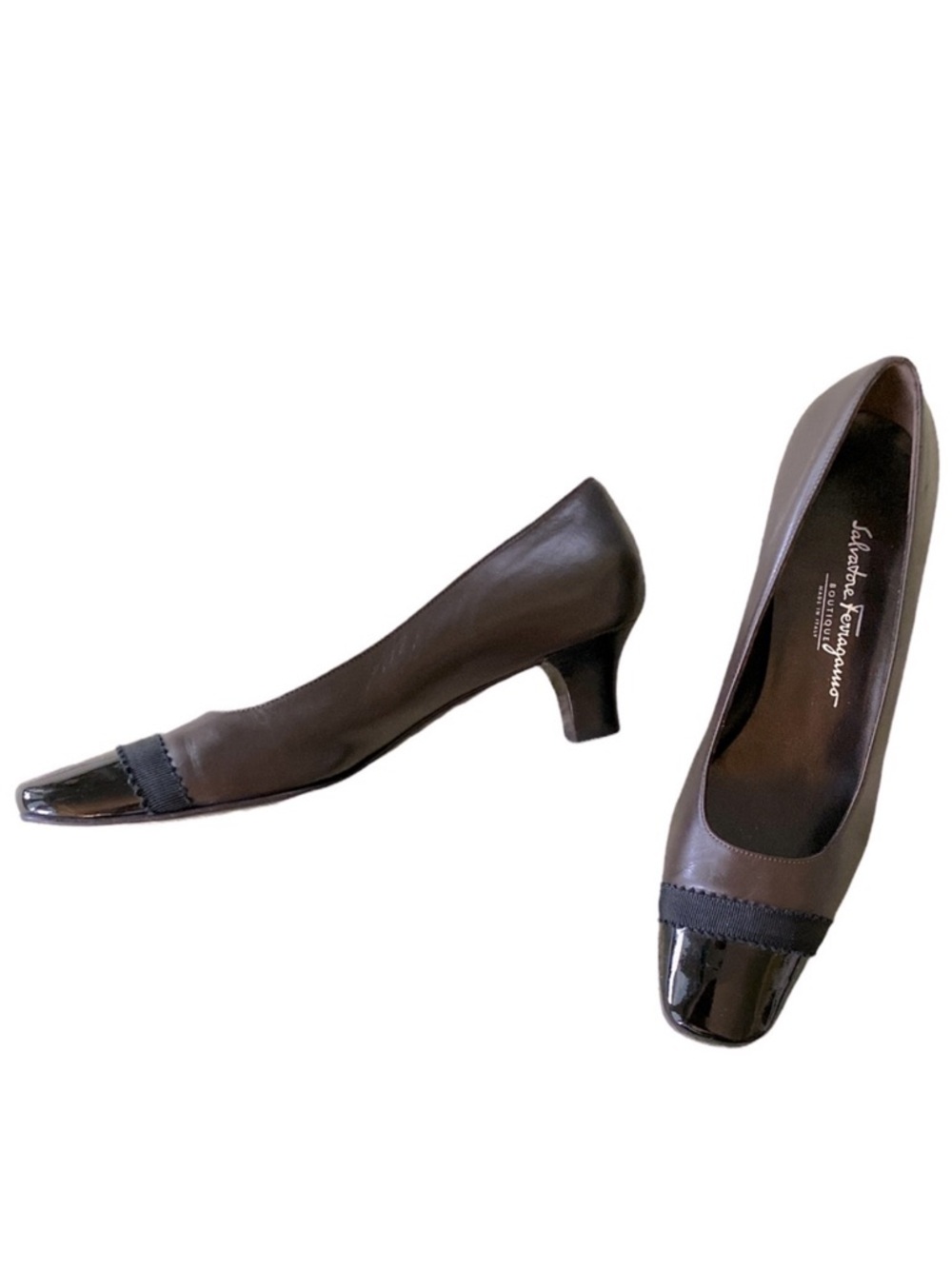 Salvatore Ferragamo Vintage Brown Black Patent Ribbon Cap Toe Kitten Heels - 8
